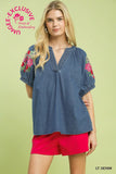 Embroidered Chambray Top