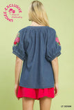 Embroidered Chambray Top