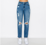 WAX DISTRESSED MOM JEANS